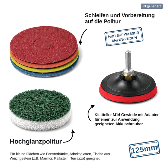Marmor Kratzerentfernung Komplettset (M) – Schleifen & Polieren mit dem AkkuschrauberMSR Steinpflege GmbH