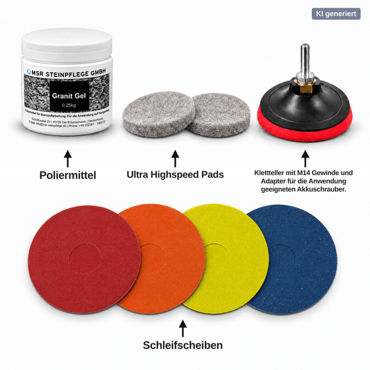 Granit Schleifen & Polieren Komplettset Basic 125mm – 8-teilig für AkkuschrauberMSR Steinpflege GmbH