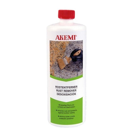 Akemi Rostentferner Granit 1 Liter Flasche mit rotem Deckel, entfernt Rostflecken von Naturstein.